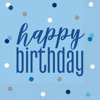 16 Happy Birthday Glitz Blue & Silver Paper Napkins