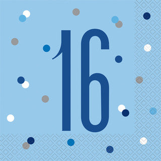 16 Birthday Age Glitz Blue & Silver Paper Napkins