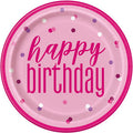 8 Happy Birthday Glitz Pink & Silver Paper Plates