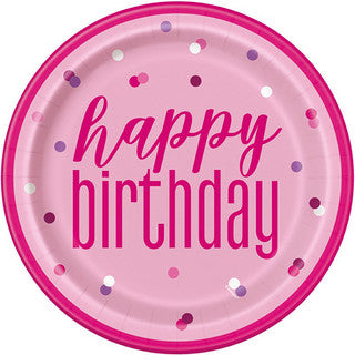 8 Happy Birthday Glitz Pink & Silver Paper Plates