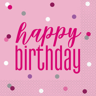 16 Happy Birthday Glitz Pink & Silver Paper Napkins
