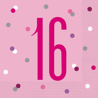 16 Birthday Age Glitz Pink & Silver Paper Napkins