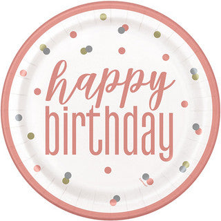 8 Happy Birthday Glitz Rose Gold Paper Plates