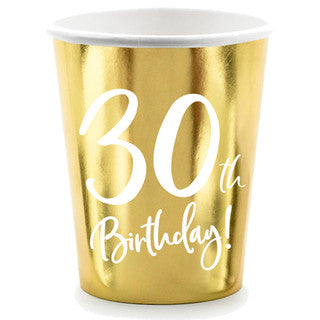 6 Gold & White Birthday Age Paper Cups