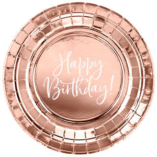 6 Happy Birthday Metallic Rose Gold Paper Plates