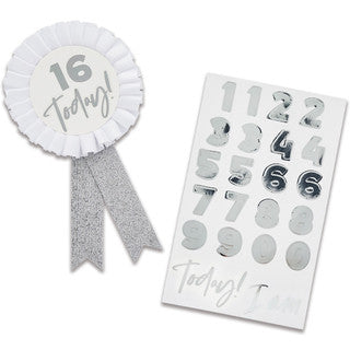 Silver Rosette Birthday Badge with Stickers