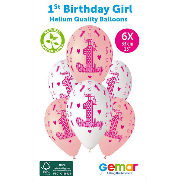 13" Pink & White 1st Birthday Girl Latex Balloons 6pk